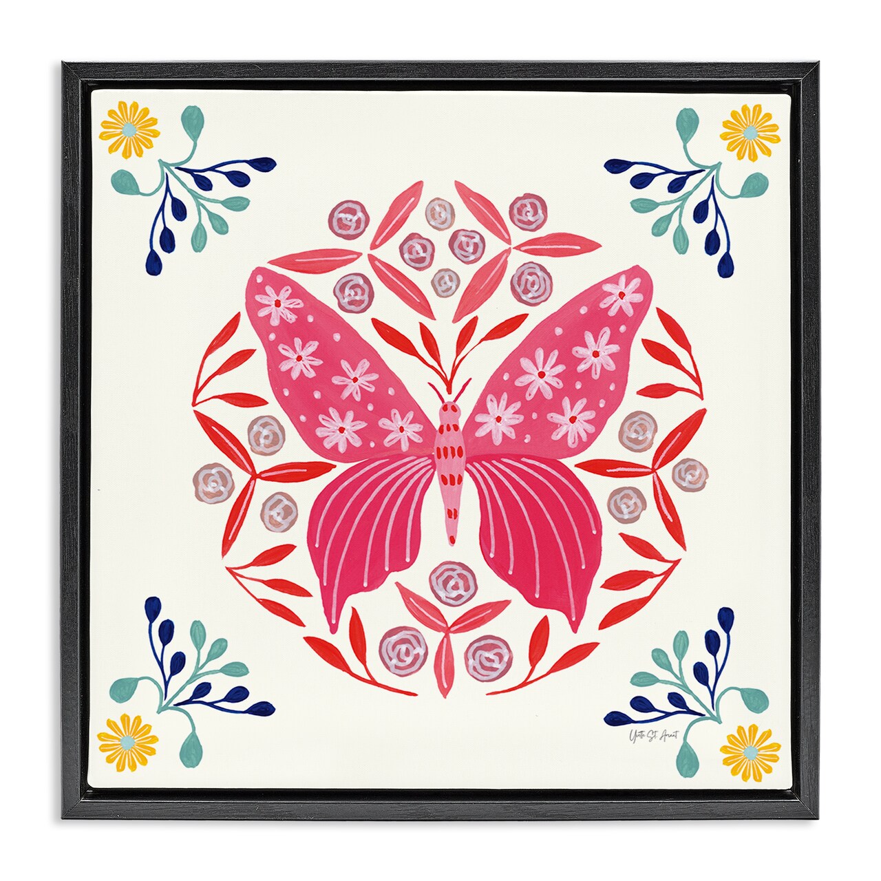 Stupell Industries Pink Folk Butterfly Floater Framed Canvas Wall Art Design by Yvette St. Amant